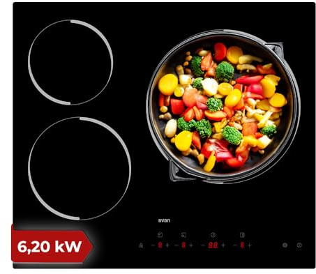 Svan Placa Vitrocerámica Cristal negro SV3601. Potencia máx. 6200 W, 3 Zonas de Cocción, 9 Niveles de Cocción, Control Táctil, Bloqueo y Autodesconexión de Seguridad
