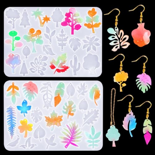 Voyyphixa 2 Pcs Resin Earring Molds 41 Pcs Leaf Shape Jewelry Resin Molds Silicone Molds for Epoxy Resin Leaf Resin Casting Moulds for DIY Studs Necklace Pendant Bookmark Art Craft