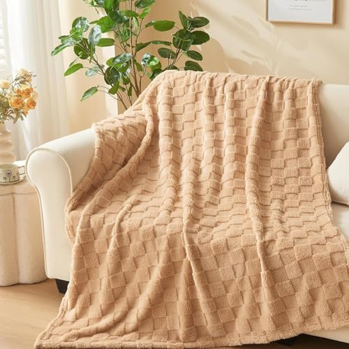 Wajade Fleece Throw Blanket, Fluffy Faux Fur Blanket for Bed Sofa Couch, Soft Cosy Warm Thick Blanket,Checkered Linen 178x203