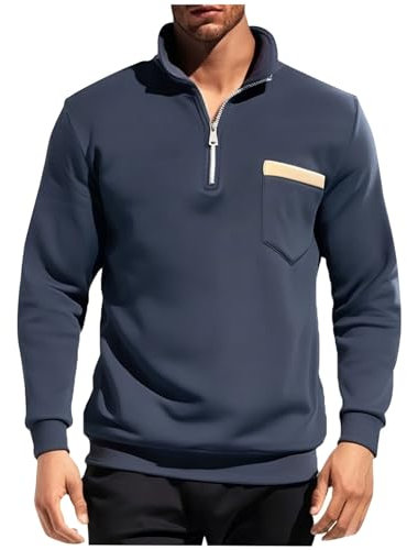 Ruamilyy Rollkragenpullover Herren Half Zip Pullover mit Brusttasche Schwarz Winter Arbeitspullover Sweatshirt Ohne Kapuze Oversize Sport Sweater Langarm Warm Winterpullover