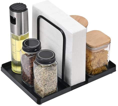 Szaboviktoria Serviettenhalter Schwarz mit Gewürzablage Für Salz Und Pfefferstreuer, Serviettenständer 23×16.5×14 cm, Servietten Halter, Napkin Holder, Serviettenhalter Edelstahl