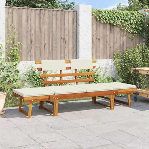 Myheimly Akazienholz Massiv Gartenbank 2-in-1 Sonnenliege Gartenliege Holzbank Sitzbank Tagesbett Gartenbett Liege Relaxliege Bank 190cm Braun und Weiß