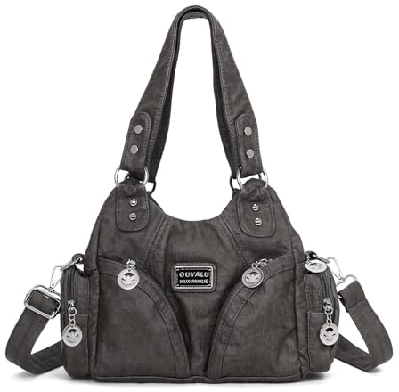 GSenhui City Bag vintage handväska gjord av mjukt läder, hoboväska liten axelväska många fack läderväska damer handtag väska retro axelväska kvinnor för mor punkstil, A3-grå