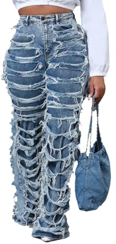Women's Ripped Straight Leg Jeans Cut Out Destroyed High Waisted Distressed Stretchy Double Layers Y2K Goth Harajuku Emo Hip Hop Denim Pants Blue, Medium