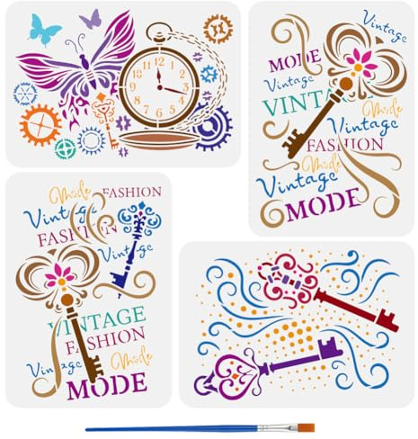 FINGERINSPIRE 4 st vintage nycklar schabloner för målning med borste 21 x 29,7 cm fickur ord vintage mode mall fjäril växel prick stencil retro tema mall för målning på trä