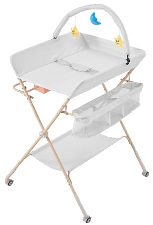 Warmiehomy Baby Diaper Changing Station, Foldable & Portable Mobile Changing Table with Wheels, 3-Level Height Adjustable Multi-Functional Design, Storage Box & Shelf for Newborn & Infant Grey