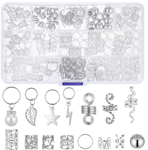 Nogeqi Lot de 217 accessoires de cheveux argentés pour tresses, dreadlocks, bijoux de cheveux en argent, anneaux de cheveux viking, bijoux pour cheveux, bagues réglables, spirales, accessoires pour
