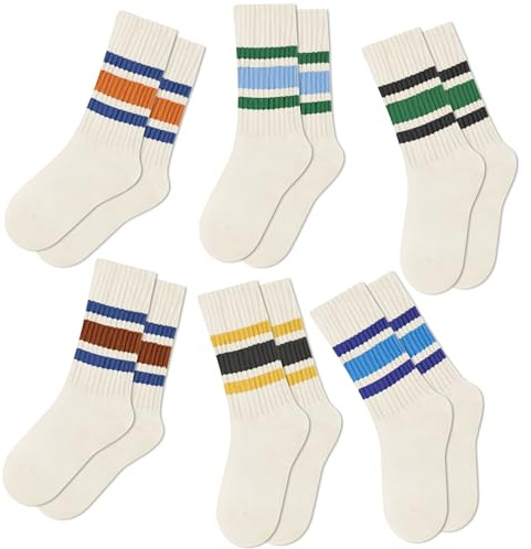 SEEKSOCK Crew Socks for Women Striped Colorful Cotton Breathable Comfort Calf Tube Slouch Scrunch Socks, A1-6 Pairs Retro Multicolor
