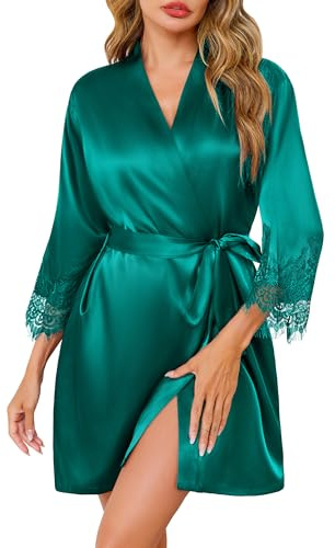 Wikoan Peignoir Satin Femme Robes Courte pour Femmes Robes de Mariée en Dentelle Vêtements de Nuit Doux pour le Mariage Col en V Peignoir Soie Kimono S-XXL