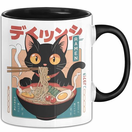 Katze Ramen Nudeln Japanisches Anime Manga Tasse Becher Geschenk Lustige Geschenkidee Spruch (Schwarz)
