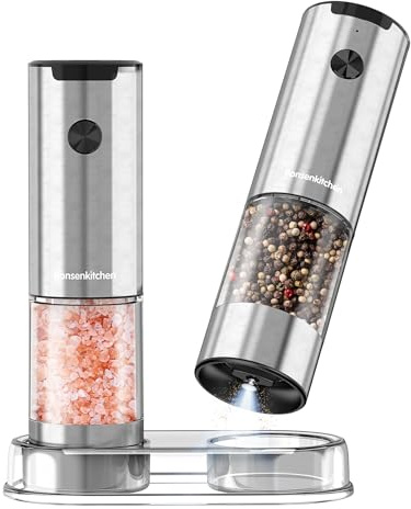 Bonsenkitchen Electric Salt and Pepper Grinder Set, 95ml Large Capacity, Clean Brush, Stainless Steel Adjustable Pepper Mill with LED for Kitchen, BBQ & Camping, Battery Powered (Not Included)