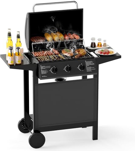 COSTWAY Gasgrill med 3 brännare, 7 kW, BBQ grillvagn med lock, 2 sidobord, grillgaller, termometer och 2 rullar, stor grillyta, trädgårdsgrill, gasgrill, för balkong, trädgård, camping