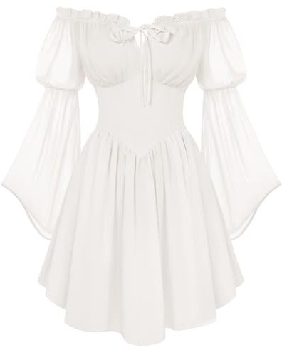 SCARLET DARKNESS Women's Renaissance Corset Dress Summer Off Shoulder Mini Dresses Chiffon Long Sleeve Flowy Fairy Dress