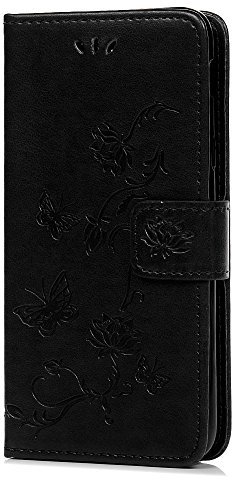 Samsung Galaxy A6 Phone Case 2018, PU Leather Flip Notebook Wallet Case Embossed Lotus Butterfly with Stand Card Holder ID Slot Folio TPU Bumper Protective Skin Cover for Samsung Galaxy A6 Black