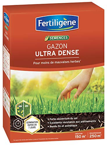FERTILIGENE DENS150 - Semences Gazon Ultra Dense 3,75 kg - Premières pousses en 1 semaine - Limite les mauvaises herbes - Rendu fin et esthétique - Excellente résistance aux piétinements - Pour 150 m²