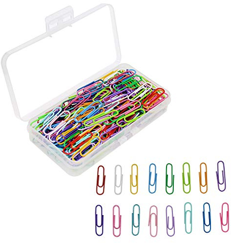 OKVGO 200pcs Coloured Paper Clips with Plastic Box Plastic Coated Metal Paper Clamps for Office Stationery 33mm 16 Colors