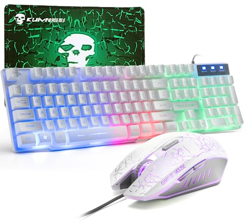 Gaming-Tastatur und Maus-Set, 104 Tasten Rainbow Backlit QWERTY UK Layout-Tastatur + 2400 DPI 4 Tasten Atemmaus + Mauspad-Kombination, USB-Kabel Kompatibel mit PS4 Xbox (Need Adapter) Weiß