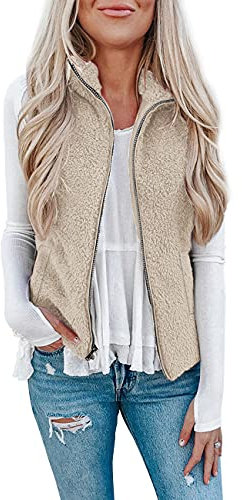 Raphin Damen Mantel Herbst Casual Leicht Ärmellos Weste Damen Lang Einfarbig Elegant Mode Kunstfell Weste Mit Taschen(Khaki,M)