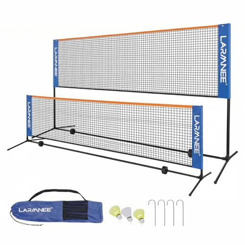 LARMNEE Badminton Netz, 4 m Volleyballnetz, Federballnetz, 3-Fach-Höhenverstellbar 107/120/155cm, Tragbares Set für Tennis, Badminton oder Volleyball, für Garten, Indoor, Outdoor ELC04BN02