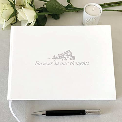 Forever in Our Thoughts – Condolence Book – informella fodrade innersidor – i låda – blekt elfenben – storlek 228 x 170 mm