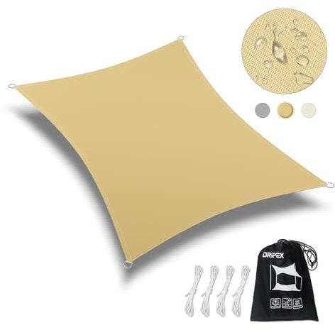 Dripex Sonnensegel wasserdicht Sonnenschutz Set 3X5 m inkl Befestigungsseile Rechteckig Polyester Imprägniert 95% UV Schutz Windschutz Wetterschutz für Balkon Garten Terrasse - Sand