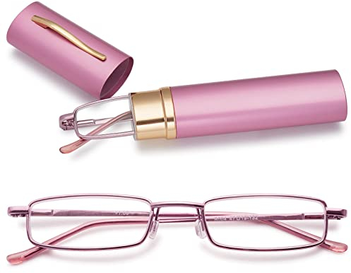 MAGIMODAC Herren Damen Lesebrille Anti Blaulicht Brille mit sehstärke Blaulichtfilter Metall Lesehilfe schmale Lesebrillen mit Stiftetui (2.0, Rosa)