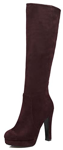Bviennic Mujer Elegante Plataforma Tacón Alto Warm Vestido Botas Largas Noche Punta Redonda Moda Tacón Ancho Botas De Montar Marrón Talla 39 EU-40Cn