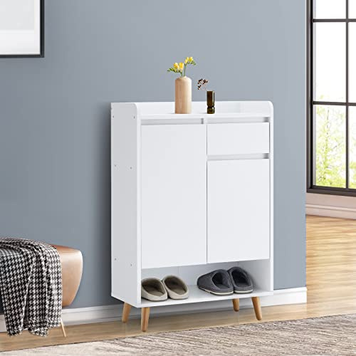 LEMROE Zapatero de madera con 2 puertas, organizador de zapatos de 5 niveles con 1 cajón y 5 estantes para pasillo, color blanco, 60 cm de ancho