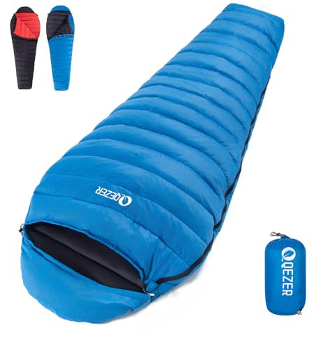 QEZER Saco de Dormir Ultraligero de plumón para Adultos, Solo 780 g, Ligero, 15 °C, 25 °C, 600 Relleno, para Acampar y Senderismo al Aire Libre, con Saco de compresión Gratis (Blue 5°C)