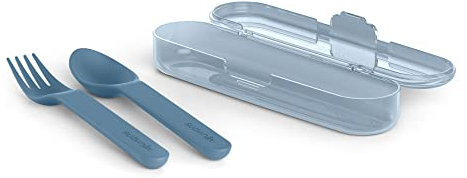 Suavinex, Set Cubiertos Bebé con Estuche. Incluye Cuchara + Tenedor + Estuche. Cubiertos infantiles Para Comer Fuera de Casa. Para bebés +12 meses. Color Azul