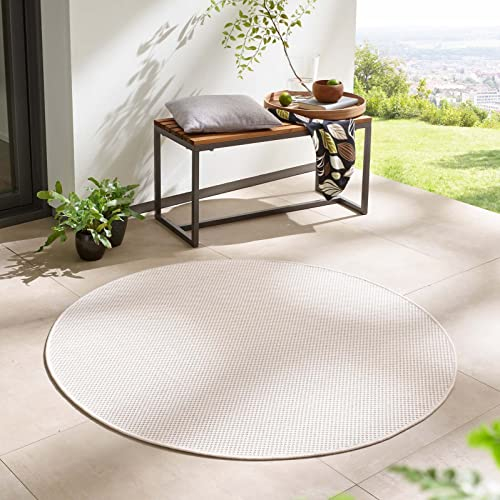 Taracarpet In- & Outdoor Teppich Wetterfest Wohnzimmer Balkon Küchenteppich Flachgewebe sisaloptik meliert Einfarbig Uni Creme Weiss 160x160 cm rund
