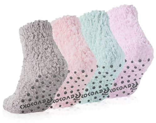 Revosoxs Fuzzy Grip Socks for Women Men,Thick Warm Slipper Cozy Fluffy Non Slip Ankle Hospital socks With Grips(Pink+Grey+Green+Purple)