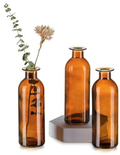 Bernstein Kleine Vasen für Tischdeko: Hewory 3er Braun Kleine Glasvasen Deko Vasen Set, Vintage Vase Glas Blumenvase Apothekerflasche, Dekorative Kleine Flaschen für Hochzeitsdeko Party Home