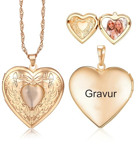 Cupimatch Fotoanhänger Medaillon zum Öffnen: Personalisierte Herz Kette Bilder Foto Anhänger Kette Damen Amulett Halskette mit 45cm Kette Gold