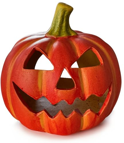 Farol decorativo de calabaza como decoración de Halloween, juego de luces LED en 14 x 15 cm – Jack Lantern calabaza de Halloween como decoración de exterior iluminada – portavelas como decoración