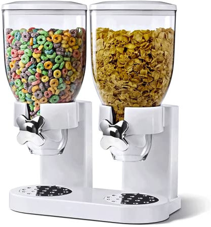 Crystals Double Cereal Dispenser with Airtight Containers - Plastic Cereal Storage Dispenser with Lid - Dry Food Storage Dispenser for Kitchen - Ideal for Cornflakes, Candy, Nuts, Beans (White)