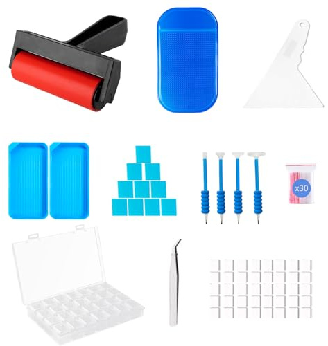 LIRUNQIU 46 PCS Diamond PaintingTools Kit, Complete Accessories Set with Anti-Slip Mat, Tweezers, Roller, Wax Pen, Storage Containers, Trays for Adults Kids Beginners Art Crafts(Blue)