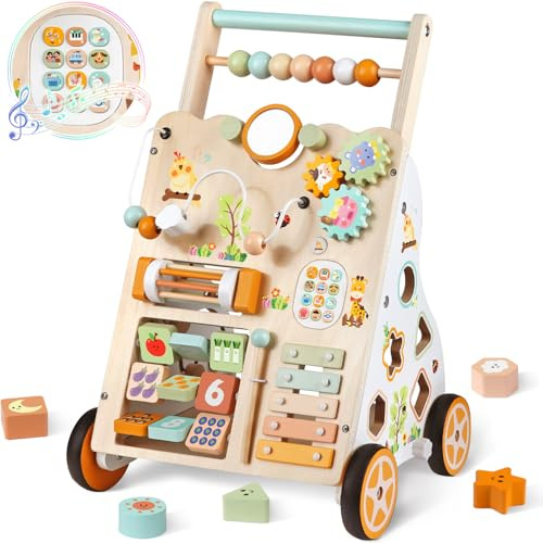 Baby Push Walker, Wooden Baby Walker with Wheels, Montessori Activity Center for 1 2 3 Years Old Boys Girls, Adjustable Speed & Height Push Toy for Toddler Learning to Walk, Kids Development Gift