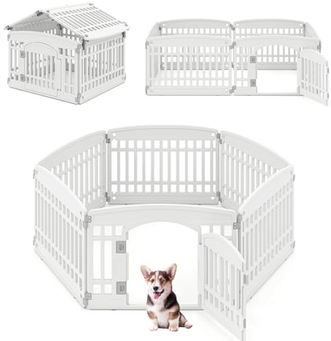 COSTWAY Welpenauslauf faltbar, Welpenlaufstall mit 6 Paneelen und abschließbarer Tür, 60 cm hoch, Hundelaufstall Outdoor Indoor, Laufstall Hund, Hundeauslauf aus Kunststoff, Weiß