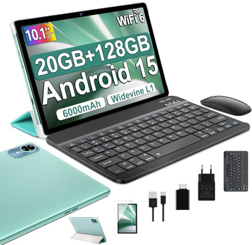 fezawio 2026 Android 15 Tablet 10 Pulgadas, 20GB RAM + 128GB ROM (TF/1TB),Tableta Octa-Core/Widevine L1/WiFi6&BT5.0/6000mAh, 8+5MP/1280 * 800 IPS,ratón,Tablet con Funda y Teclado-Verde