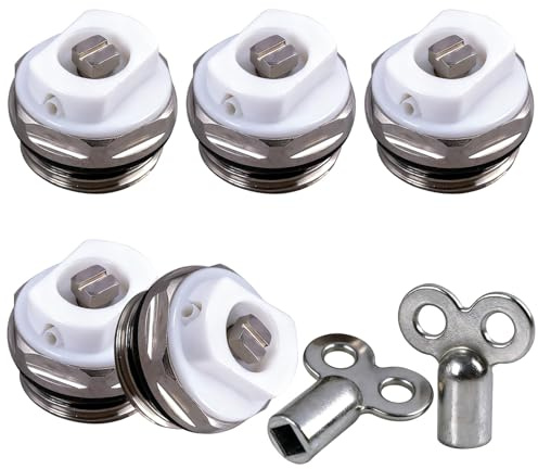 Set de 5 Válvulas de Ventilación de Radiador en Latón Niquelado de 1/2 Pulgada con 2 Llaves para Purgar Radiadores - Válvulas Manuales para Mantenimiento de Calefacción Eficaz