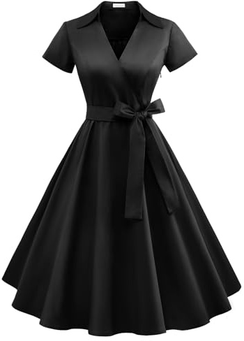 Gonna Vintage Anni 50 60 Audrey Hepburn Vestiti da Cocktail da Donna Elegante di Cotone Manica Corta Black M