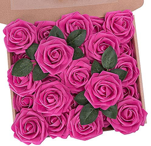 N&T NIETING Artificial Flowers with Stems, Foam Roses Fake Flowers Rose Perfect for DIY Wedding Bridal Bouquets Centerpieces Shower Party Home Flower Arrangement Mother's Day Decor 25Pcs, Hot Pink