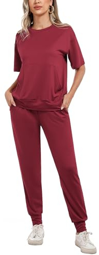 Irevial Sportivo Donna Completo, Completi Sportivi Donna Due Pezzi, Tuta Donna Sportiva Estiva, Maniche Corte e Pantaloni con Coulisse e Tasca, Tuta Donna Ginnastica per Jogging, Casa, Vino Rosso, M