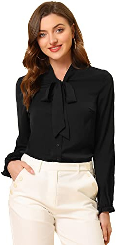 Allegra K Camicia da donna elegante con fiocco e collo a volant a maniche lunghe da lavoro in chiffon, Nero , 40