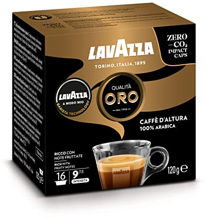 Lavazza, Capsule A Modo Mio Qualità Oro - Caffè d'Altura, Capsule Caffè, con Note di Frutta e Fiori, 100% Arabica, Intensità 9, Tostatura Media, Gusto Corposo e Aromatico, 16 Confezioni x 16 Capsule