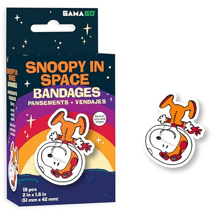 GAMAGO Peanuts Adhesive Bandages - 18 Self-Adhesive Bandages for Kids, Parents & Snoopy Fans, Sterile, Latex-Free, Easily Removable, Ideal Snoopy Gifts for First Aid Kits - Snoopy in Space