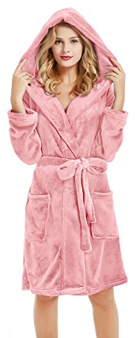 U2SKIIN Women Hooded Dressing Gown, Short Plush Fleece Bath Robes for Womens With Hood Soft Warm Spa Bathrobe (Bean Pink-Hooded, S/M)