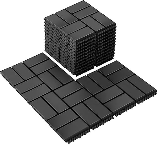 Sasylvia 36 Pcs Interlocking Deck Tiles 12 x 12 Plastic Patio Flooring Waterproof Patio Pavers Outdoor All Weather Use Square Interlocking Deck Tiles for Balcony Backyard Porch Pool, Dark Grey