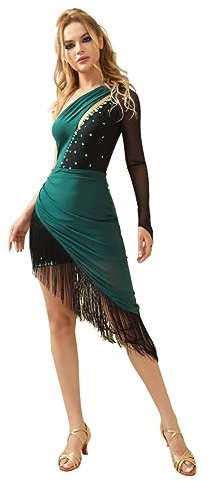 ROYAL SMEELA Robe Latine à Frange pour Femme - Costume de Danse Salsa, Tango, Rumba, Samba avec Strass - Tenue de Compétition Adulte - Vert